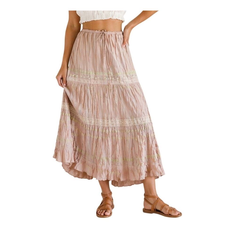 Vintage 90s Capricorn Pink Tiered Maxi Skirt Lace Trim Cotton Boho Medium